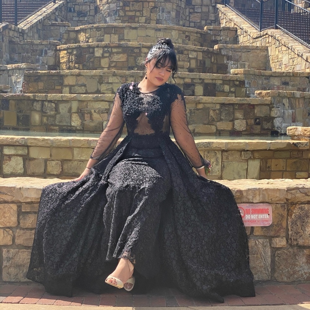 MAC DUGGAL A-Line 3/4 Sleeve Black Prom Dress - Picture 9 of 16